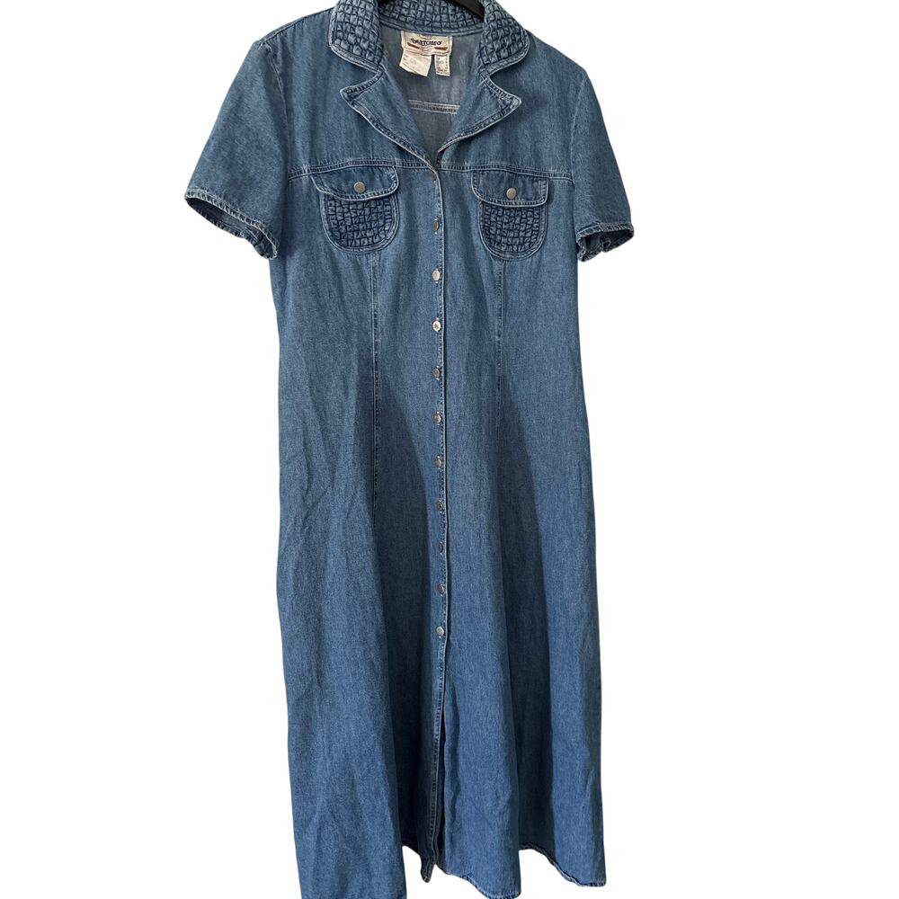 Vintage 90s Y2K Sketches Denim Button Down Maxi Dress 12 Coastal Cowgirl Grunge